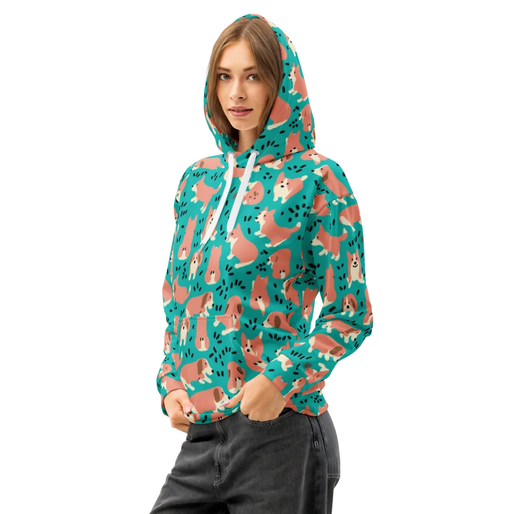 Coral Corgi Parade on Cotton Hoodie — Left Front