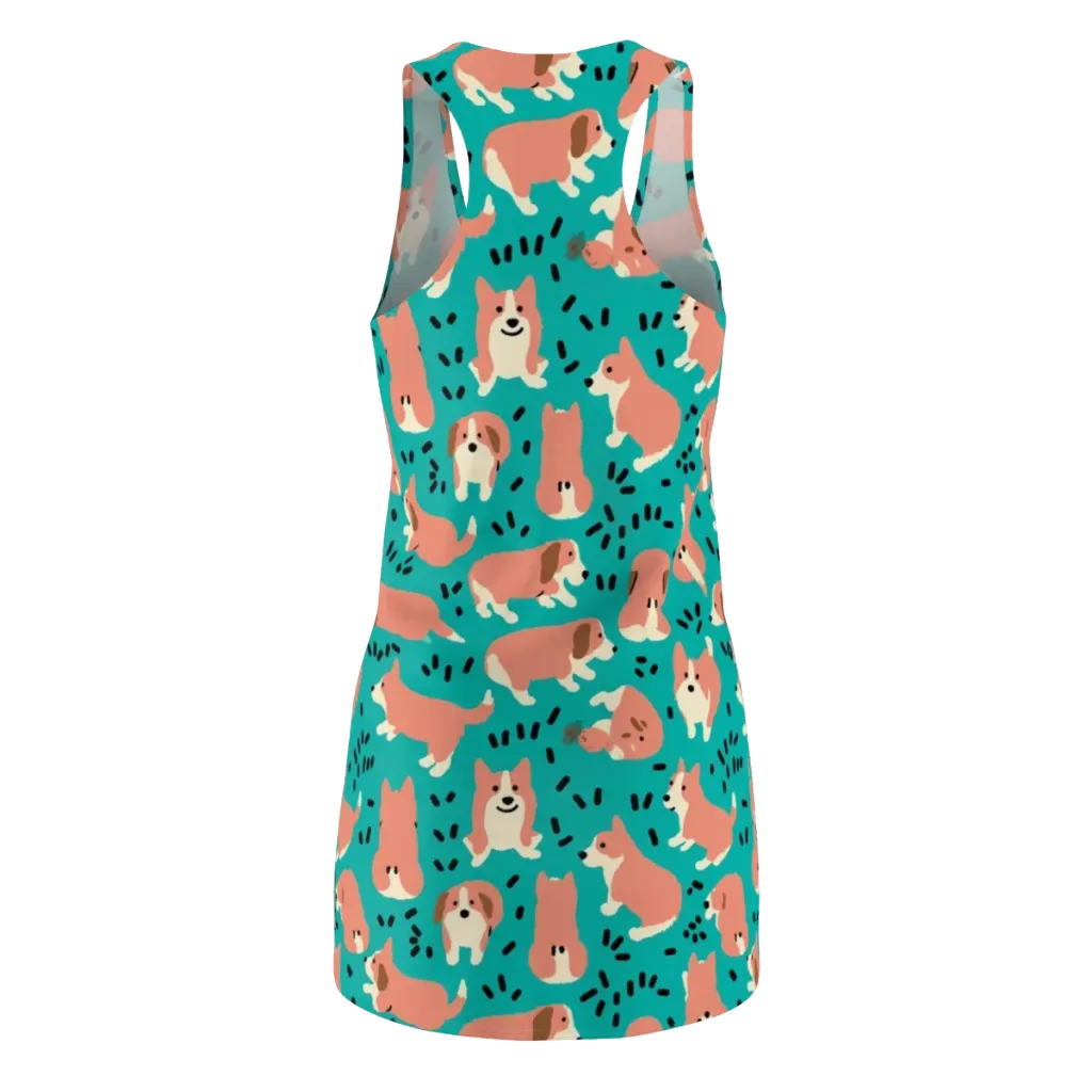 Coral Corgi Parade on Racerback Dress — Back
