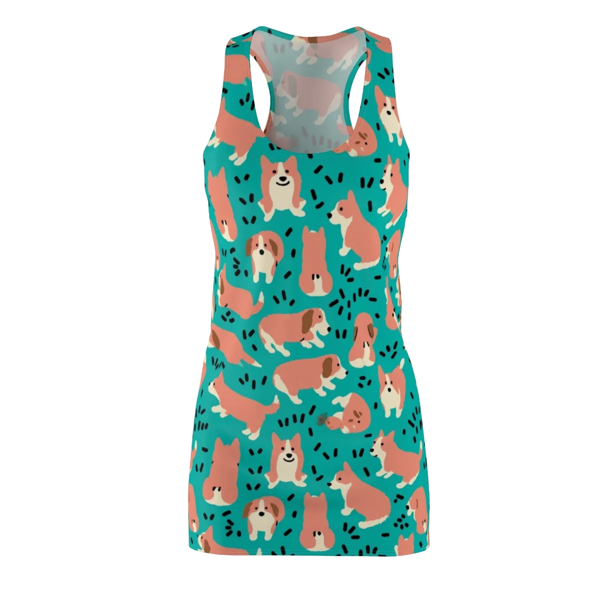 Coral Corgi Parade on Racerback Dress — Front