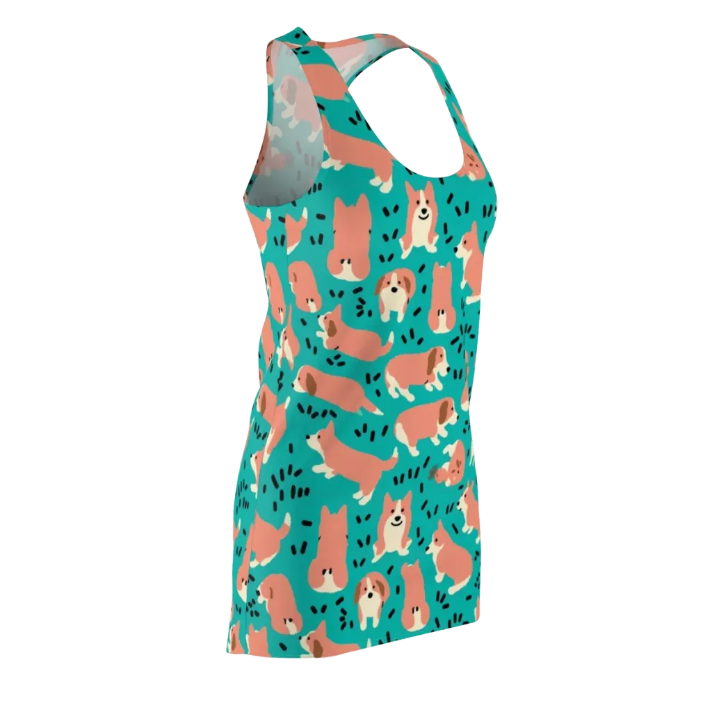Coral Corgi Parade on Racerback Dress — Front Side