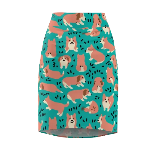 Coral Corgi Parade on a Pencil Skirt
