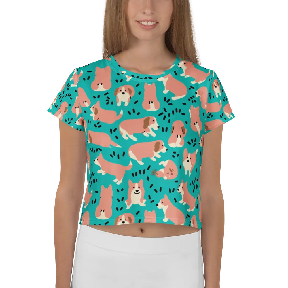Coral Corgi Parade on Crop Tee — Front