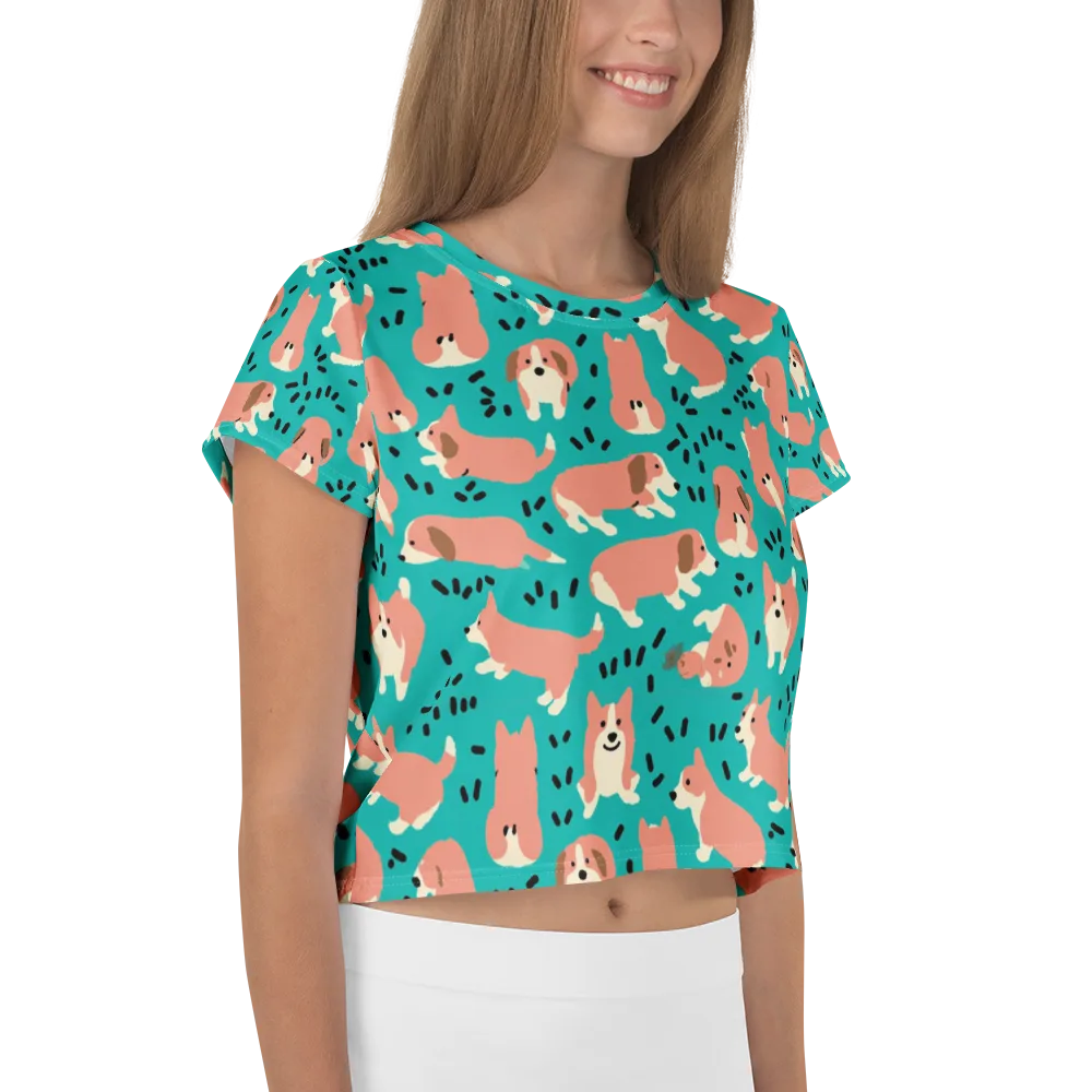 Coral Corgi Parade on Crop Tee — Right