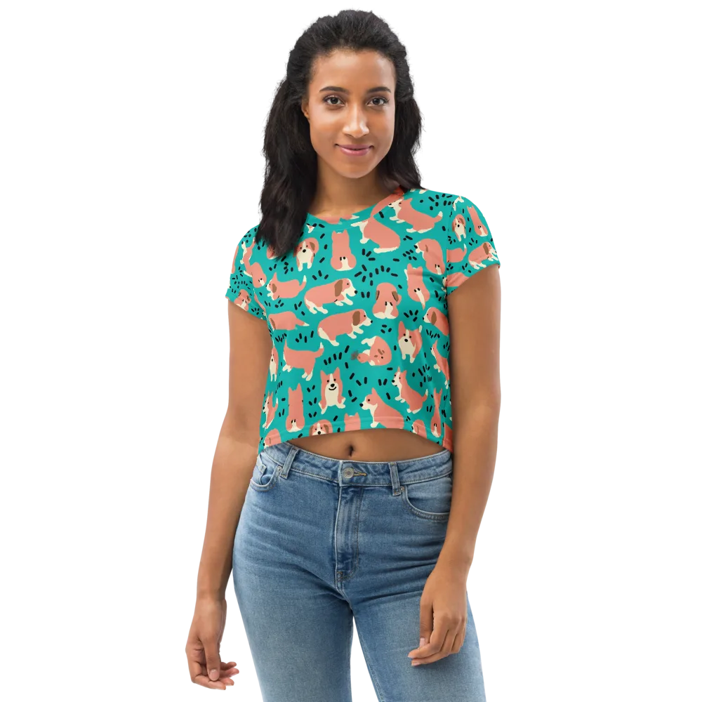 Coral Corgi Parade on Crop Tee — Front