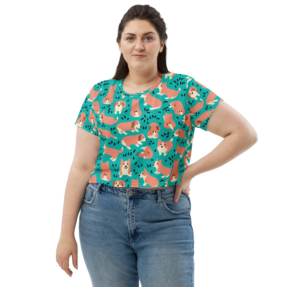 Coral Corgi Parade on Crop Tee — Front