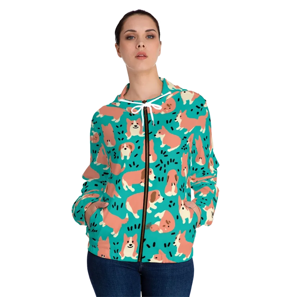 Coral Corgi Parade on Women's Full-Zip Hoodie — Front On Person