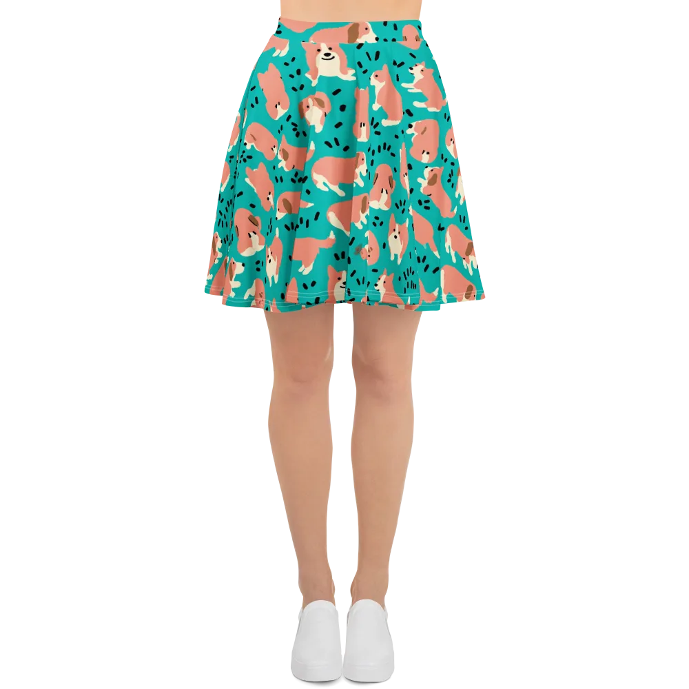 Coral Corgi Parade on Skater Skirt — Front