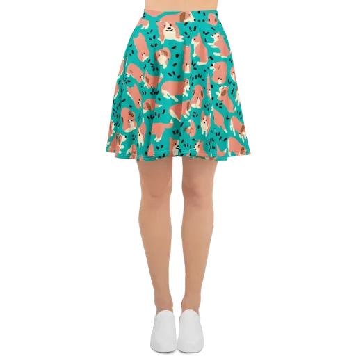 Coral Corgi Parade on a Skater Skirt