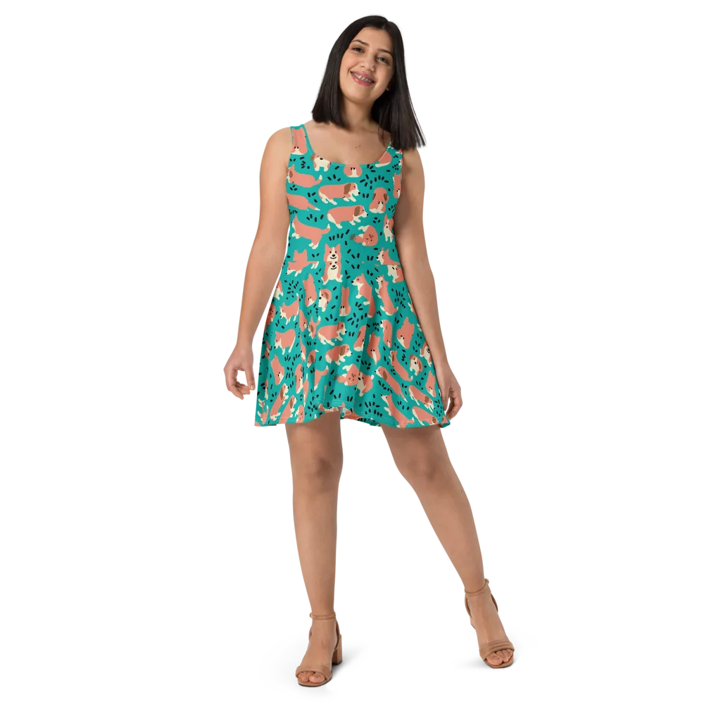 Coral Corgi Parade on Skater Dress — Front