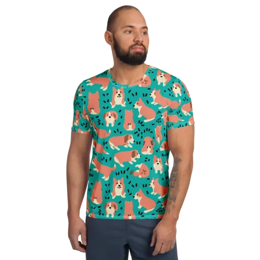 Coral Corgi Parade on a Men's Athletic T-Shirt