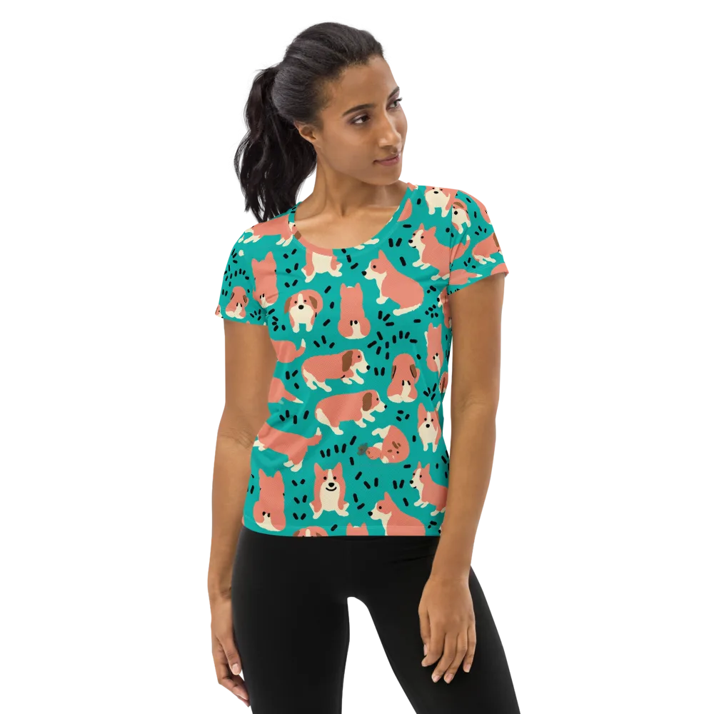 Coral Corgi Parade on Women's Athletic T-Shirt — Front