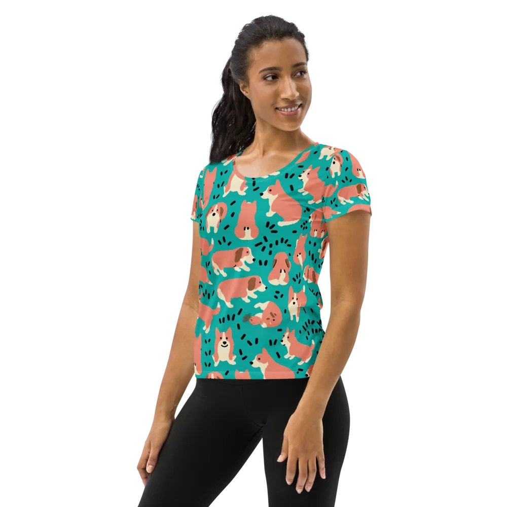 Coral Corgi Parade on Women's Athletic T-Shirt — Left