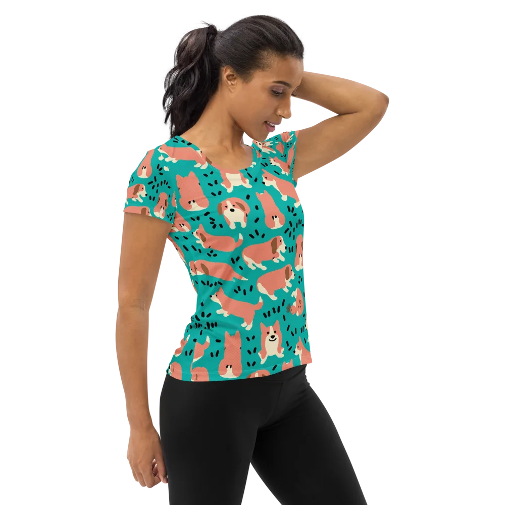 Coral Corgi Parade on Women's Athletic T-Shirt — Right