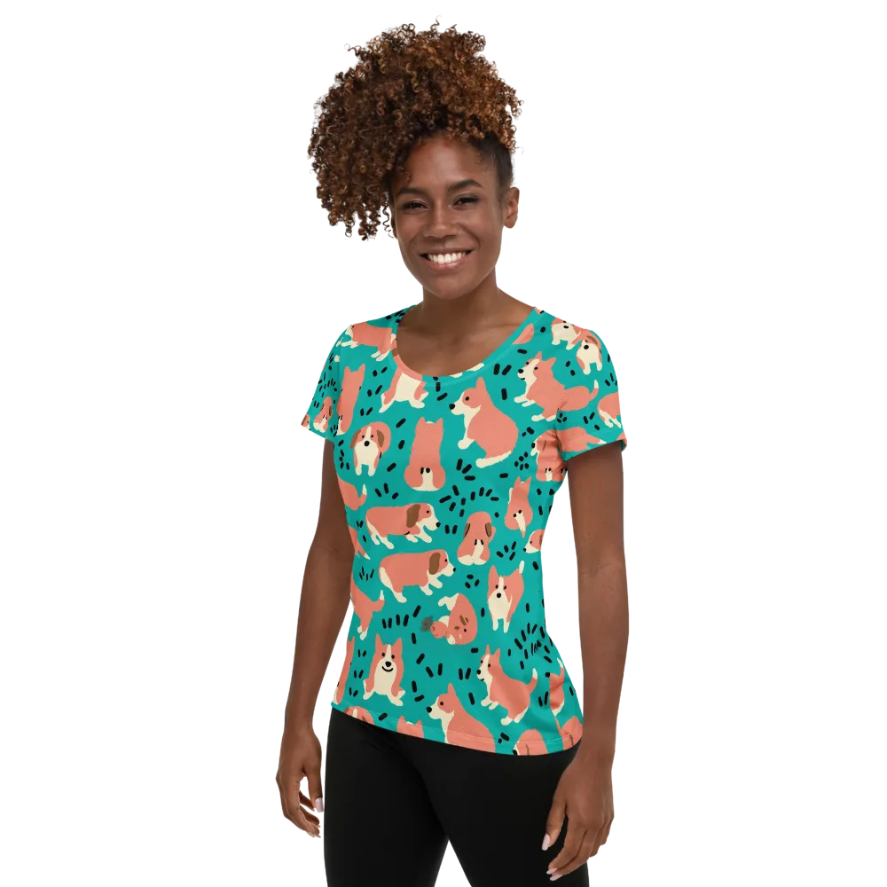 Coral Corgi Parade on Women's Athletic T-Shirt — Left