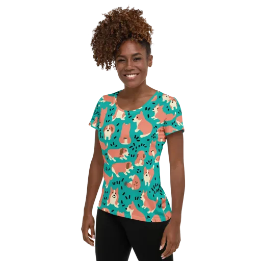 Coral Corgi Parade on a Women's Athletic T-Shirt