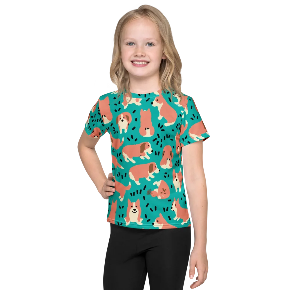 Coral Corgi Parade on Kids Crew Neck T-Shirt — Front