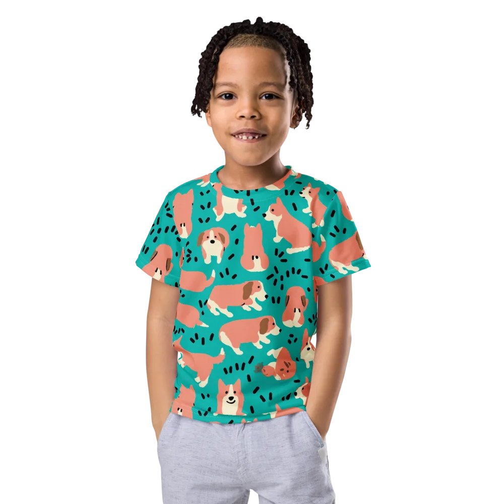 Coral Corgi Parade on Kids Crew Neck T-Shirt — Front