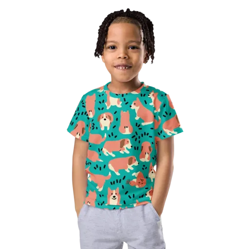 Coral Corgi Parade on a Kids Crew Neck T-Shirt