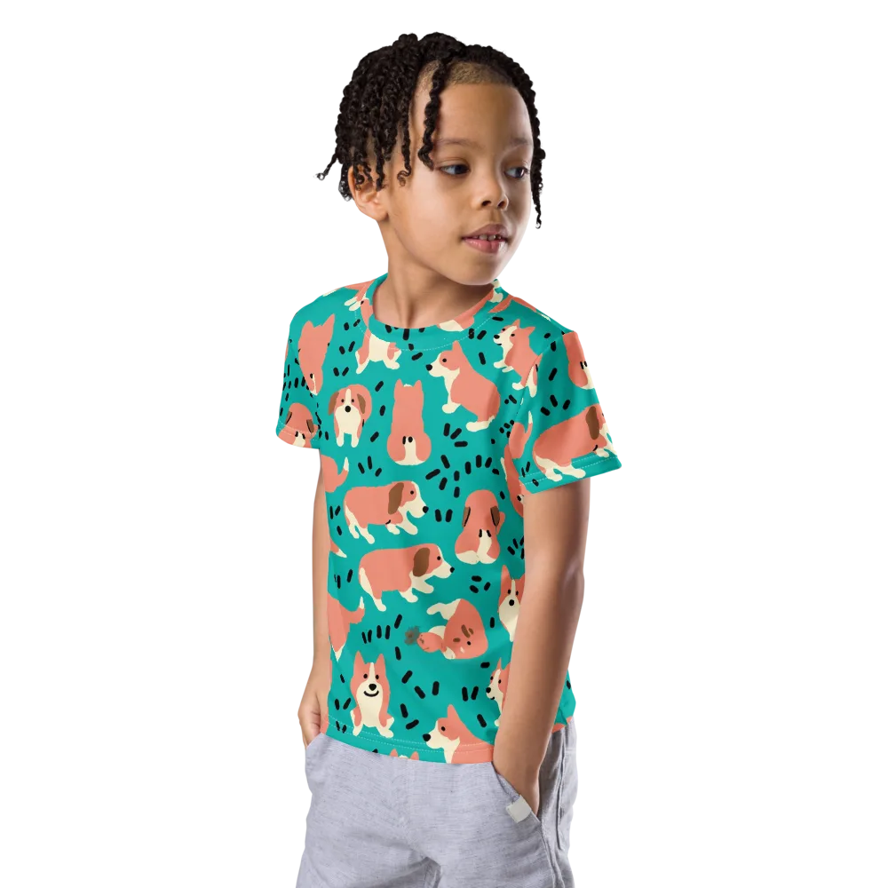 Coral Corgi Parade on Kids Crew Neck T-Shirt — Left Front