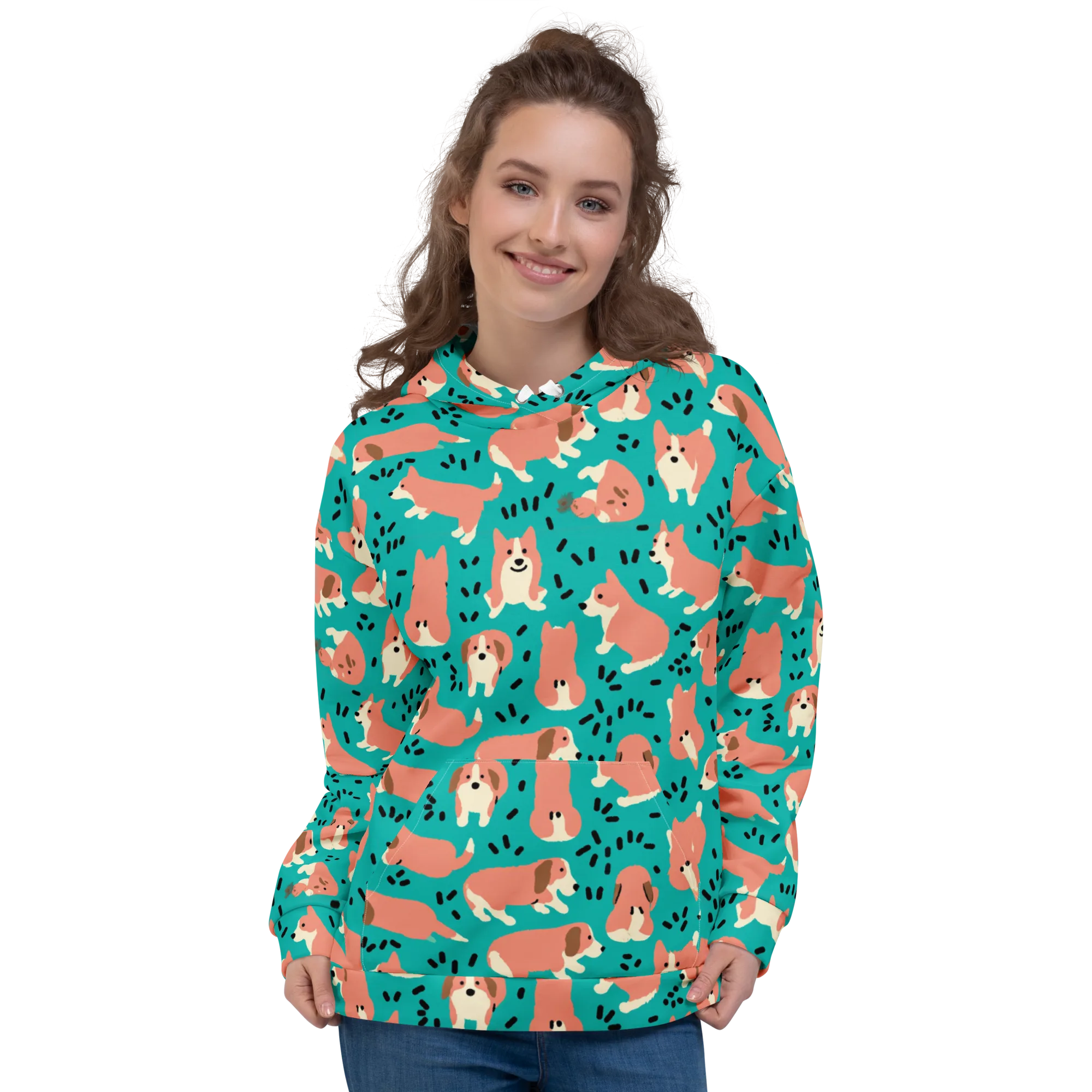 Coral Corgi Parade on Hoodie — Front