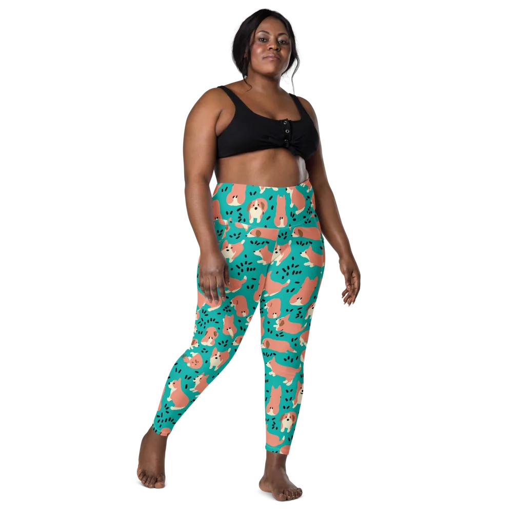 Coral Corgi Parade on Leggings with Pockets — Front