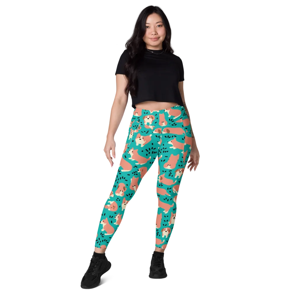 Coral Corgi Parade on Leggings with Pockets — Front