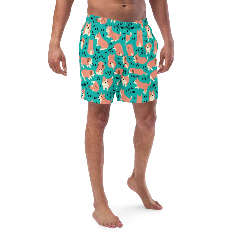 Coral Corgi Parade on Swim Trunks — Front