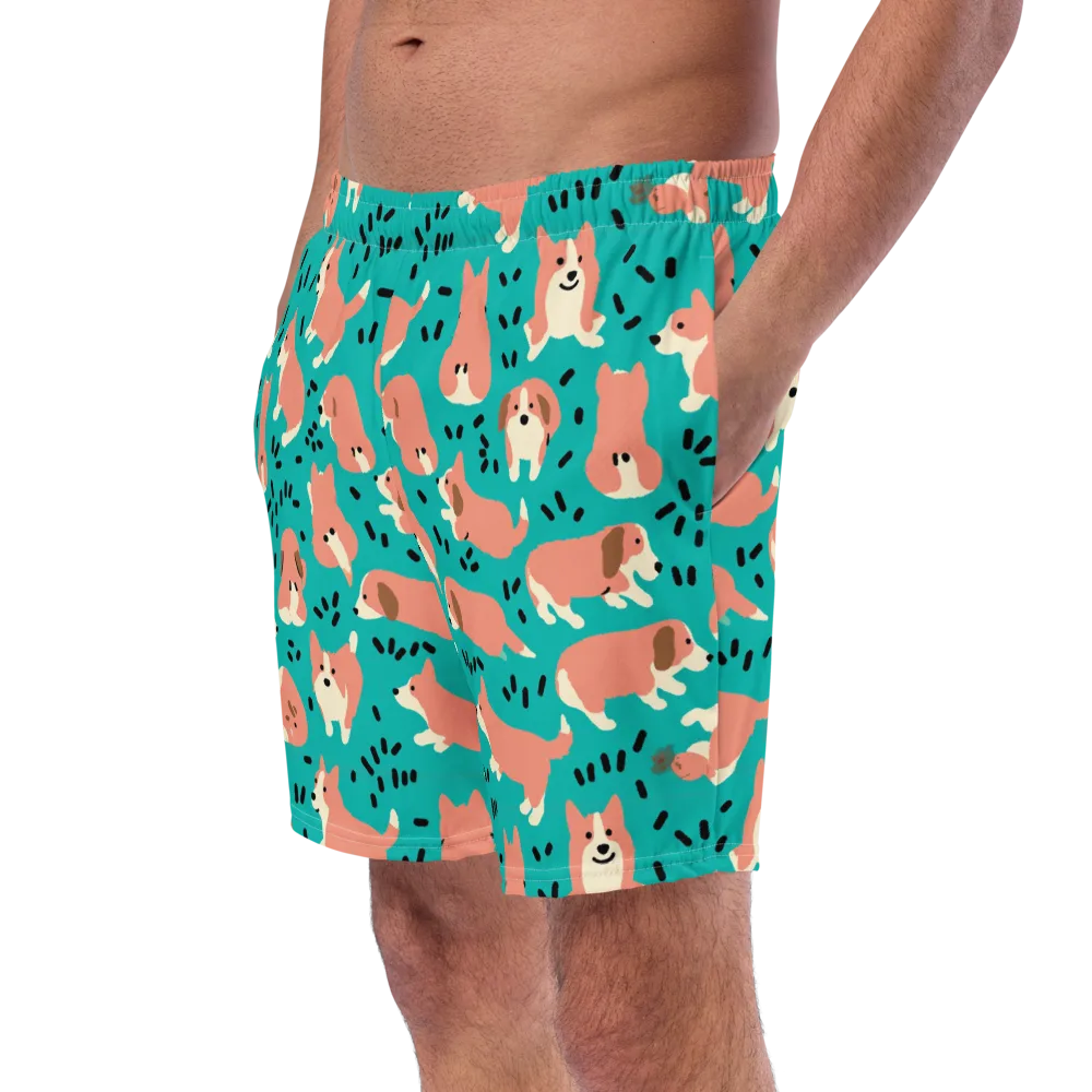Coral Corgi Parade on Swim Trunks — Left Front