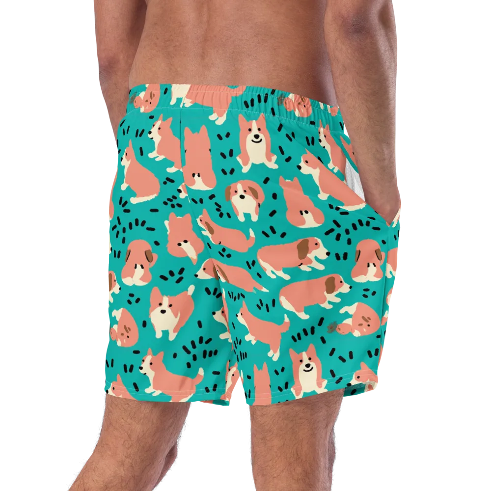 Coral Corgi Parade on Swim Trunks — Right Back