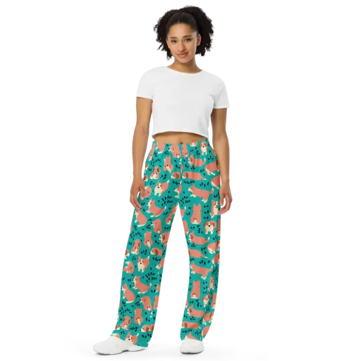 Coral Corgi Parade on a Wide-Leg Pants