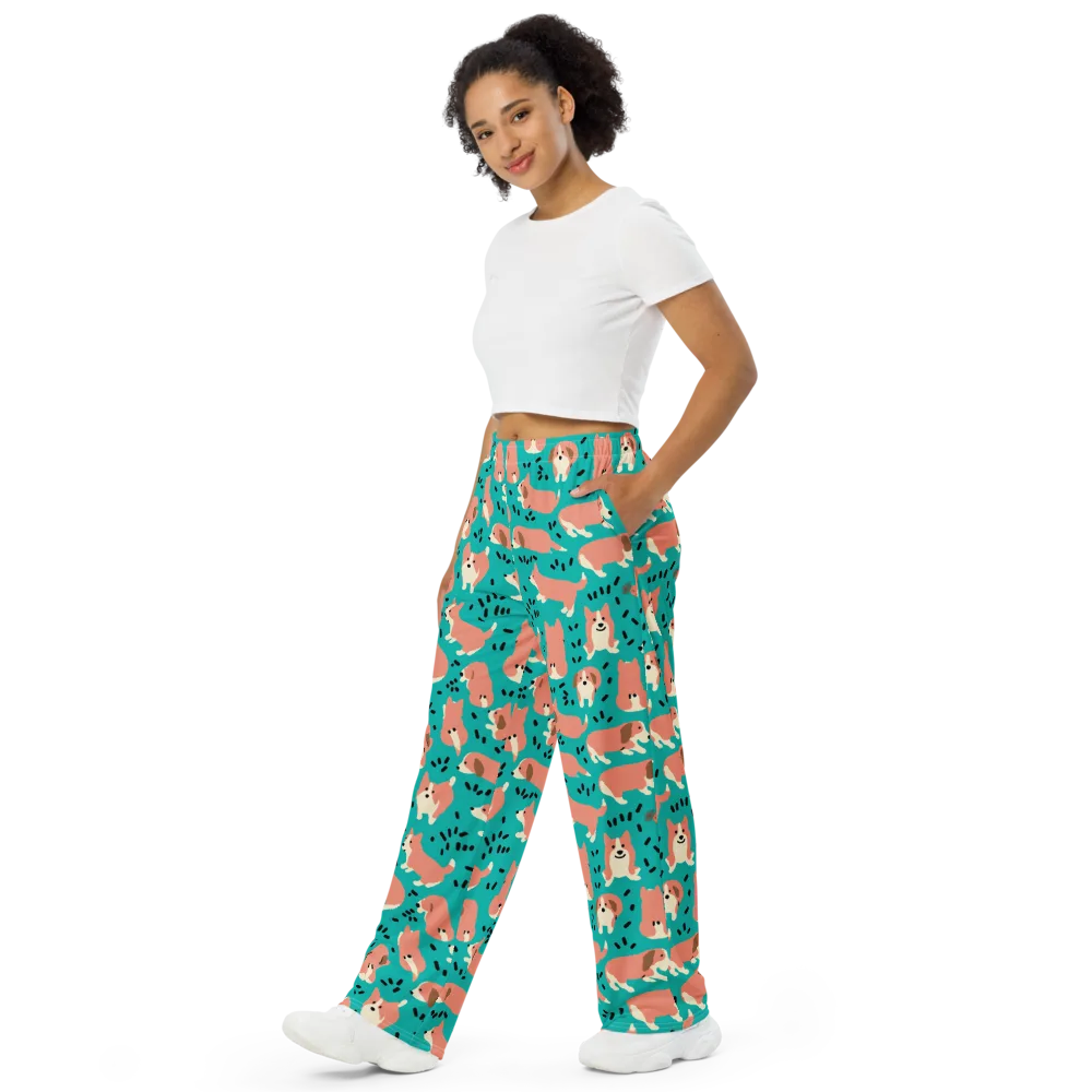 Coral Corgi Parade on Wide-Leg Pants — Left Front