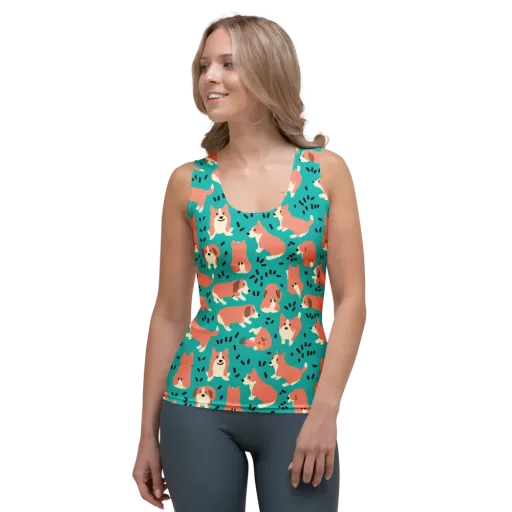 Coral Corgi Parade on a Women's Tank Top
