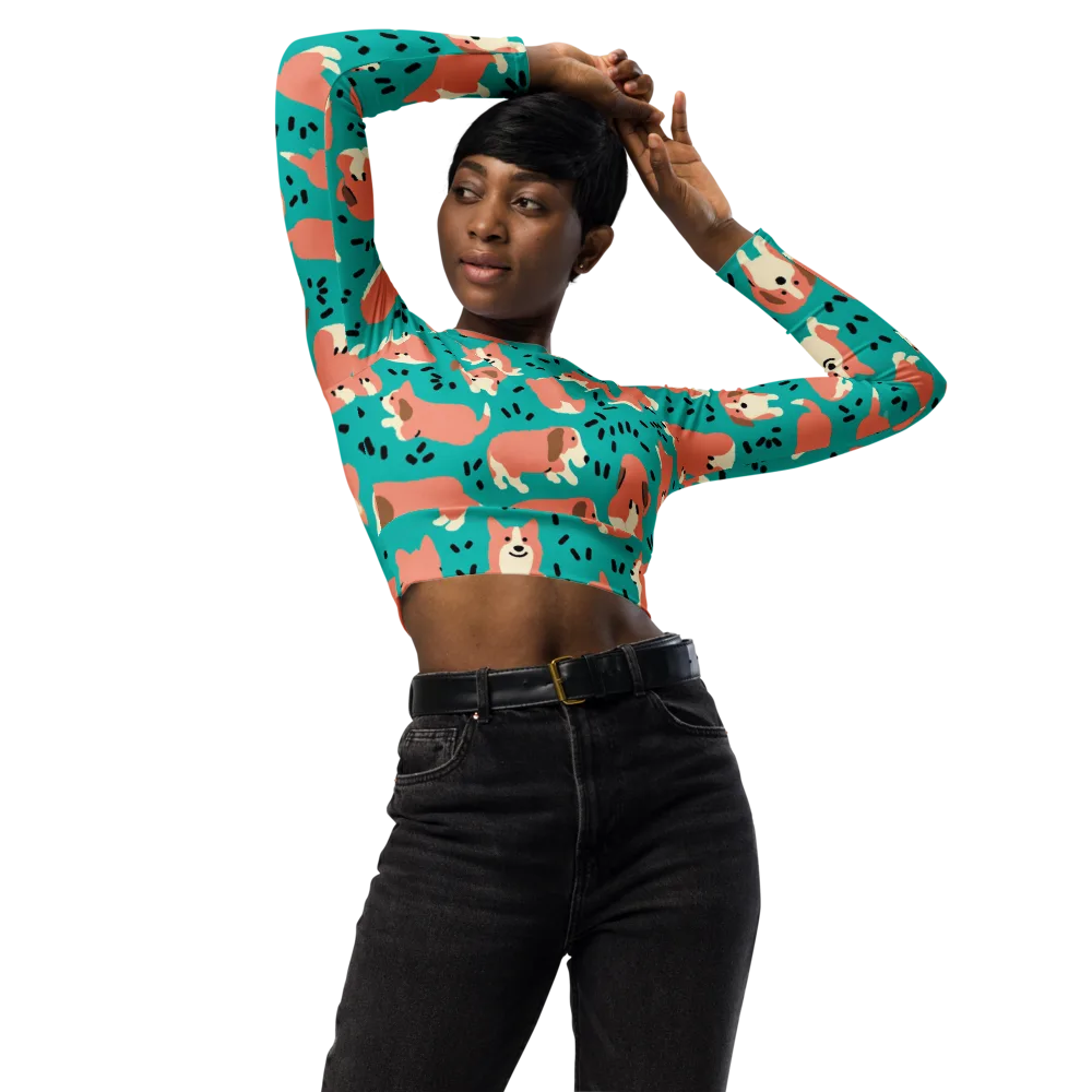 Coral Corgi Parade on Long Sleeve Crop Top — Front