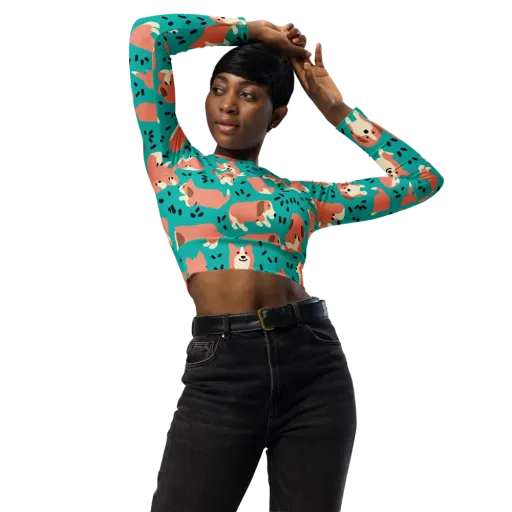 Coral Corgi Parade on a Long Sleeve Crop Top
