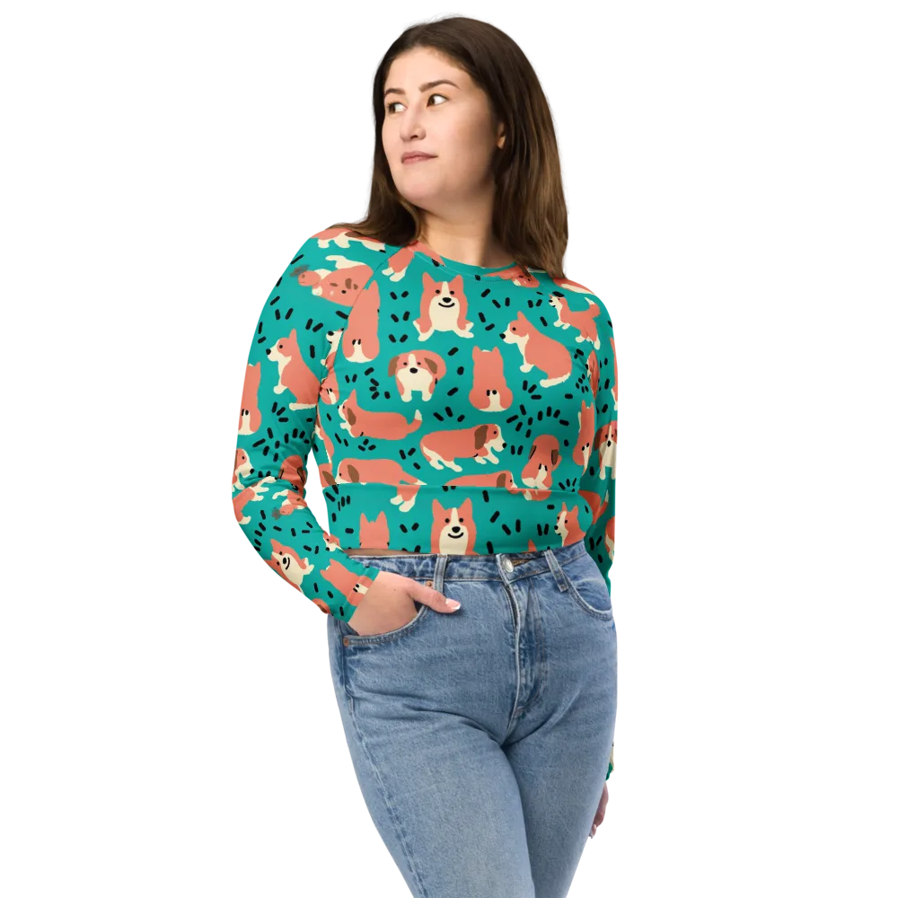 Coral Corgi Parade on Long Sleeve Crop Top — Front