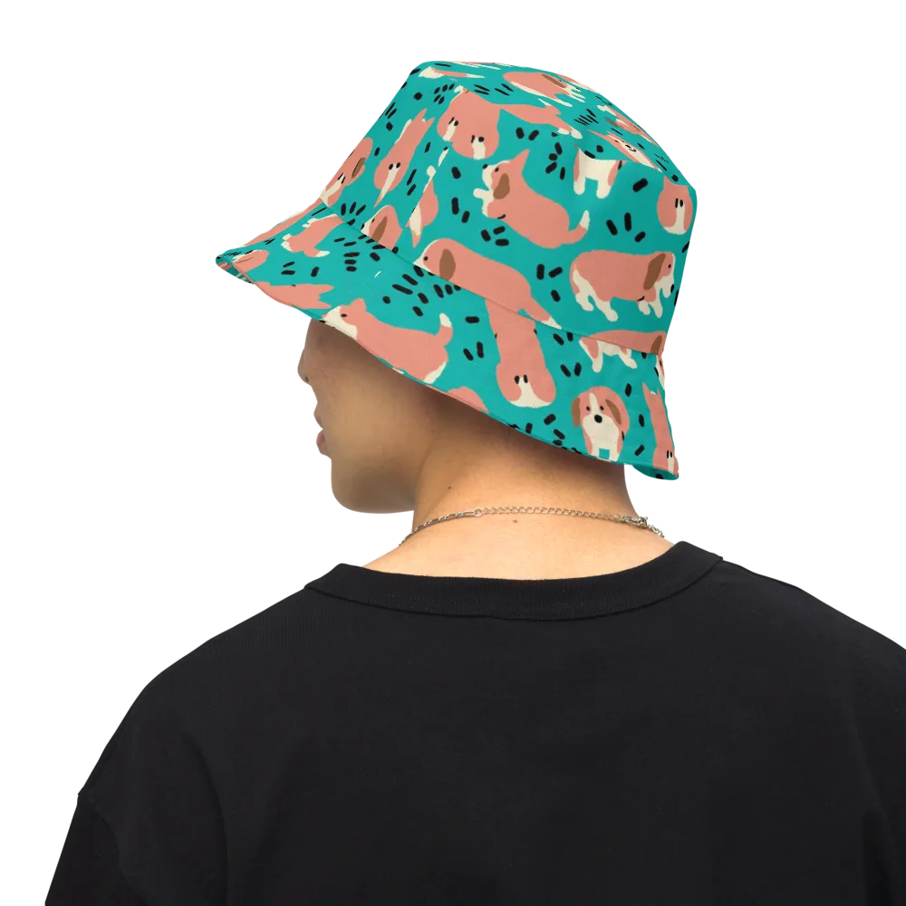 Coral Corgi Parade on Reversible Bucket Hat — Back Inside