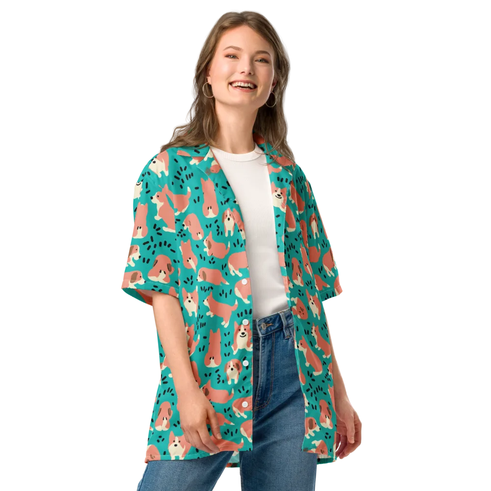 Coral Corgi Parade on Button Shirt — Front
