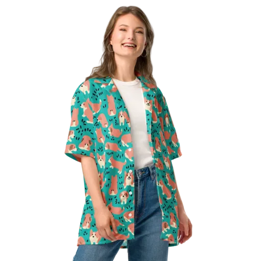 Coral Corgi Parade on a Button Shirt