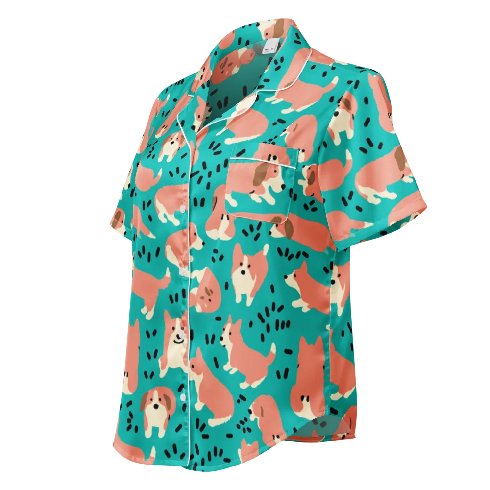 Coral Corgi Parade on Women's Short Sleeve Pajama Top — Left Front