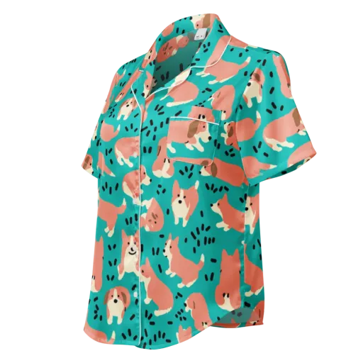 Coral Corgi Parade on a Women's Short Sleeve Pajama Top