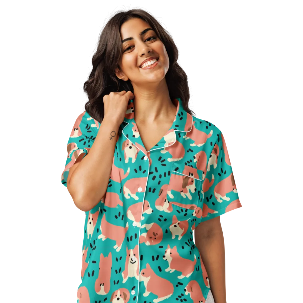 Coral Corgi Parade on Women's Short Sleeve Pajama Top — Front