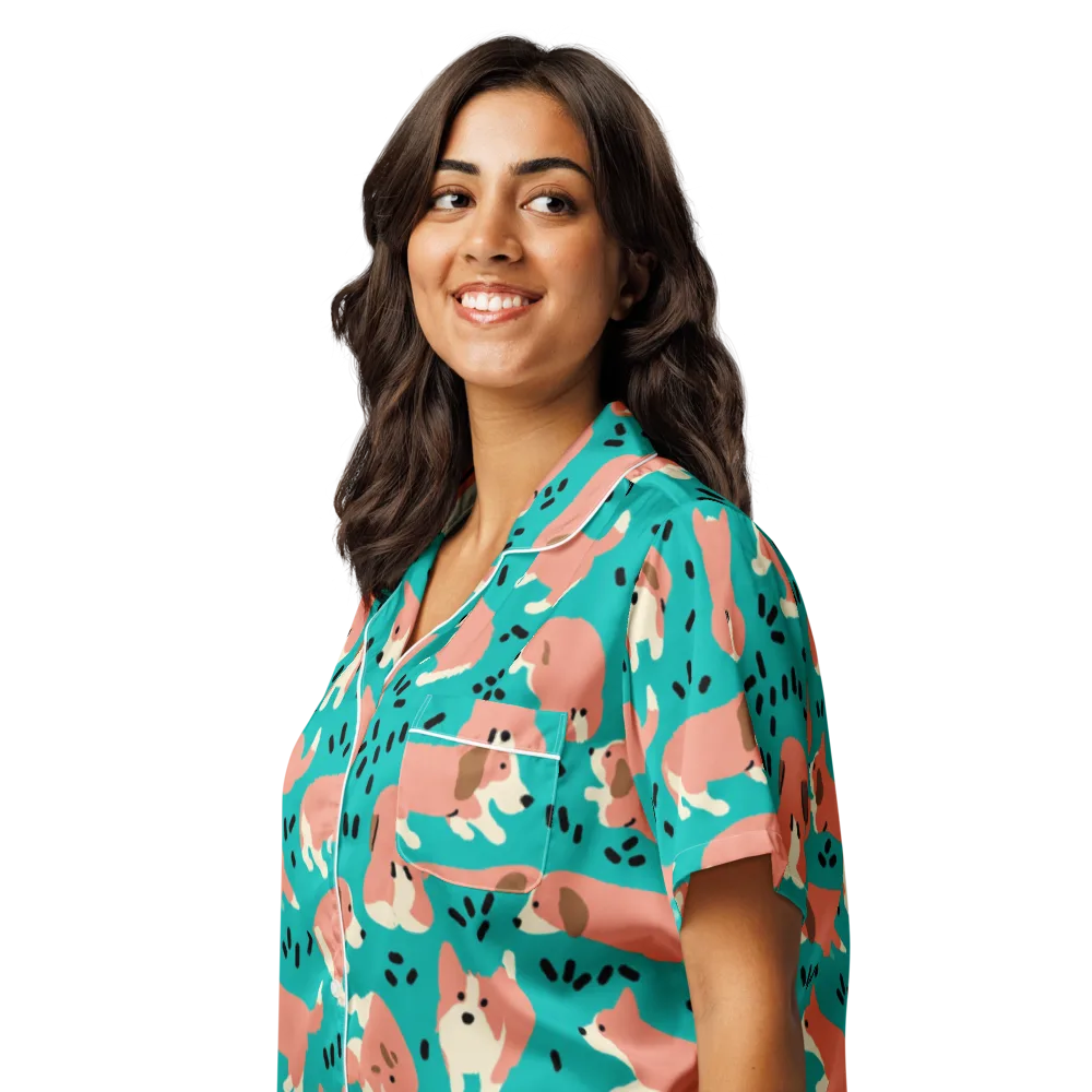Coral Corgi Parade on Women's Short Sleeve Pajama Top — Left Front