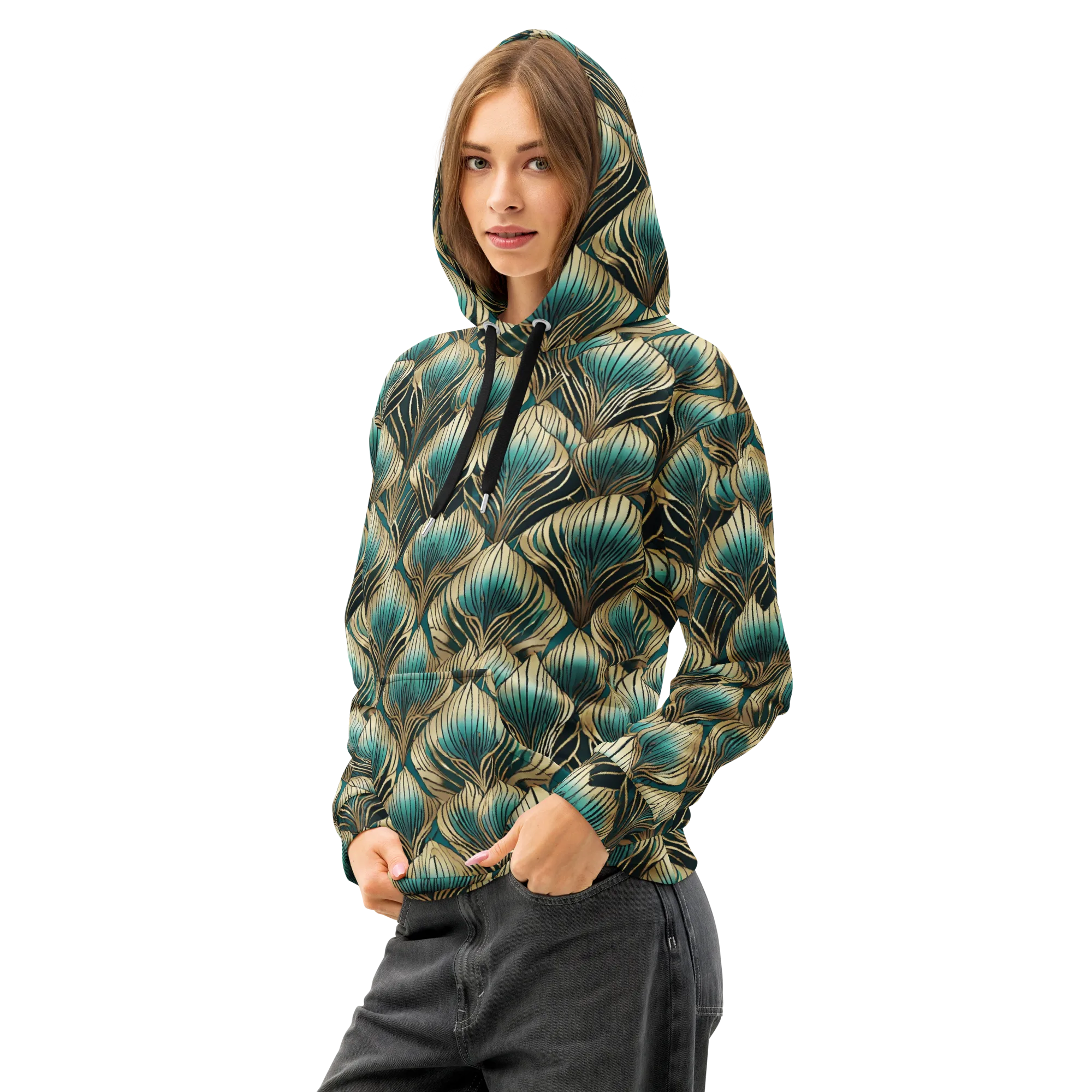 Turquoise Allium on Cotton Hoodie — Left Front