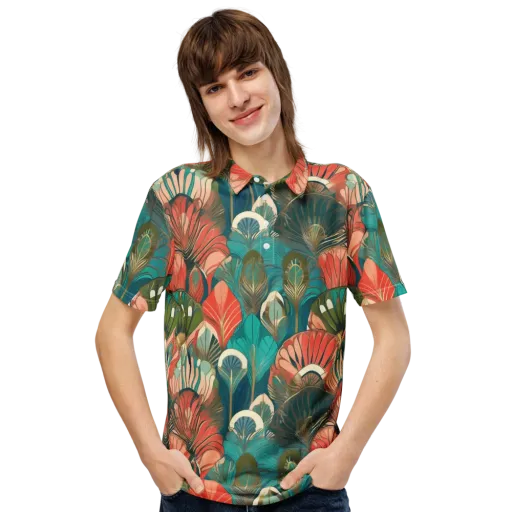 Tropical Deco on a Men's Slim Fit Polo Shirt