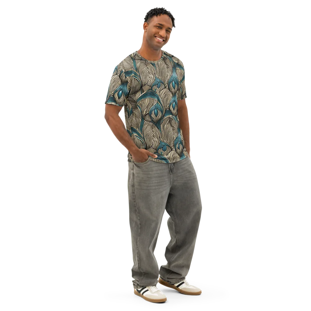 Turquoise Filigree on Men's Cotton Crew Neck T-Shirt — Right Front