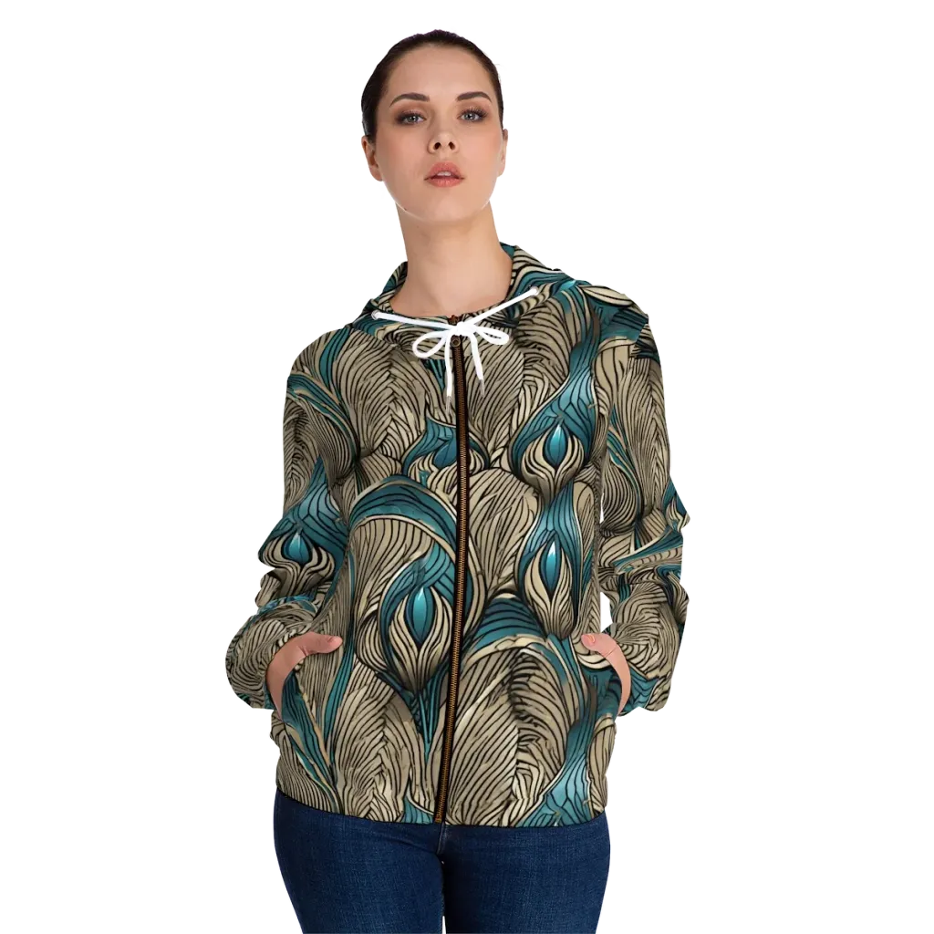 Turquoise Filigree on Women's Full-Zip Hoodie — Front On Person