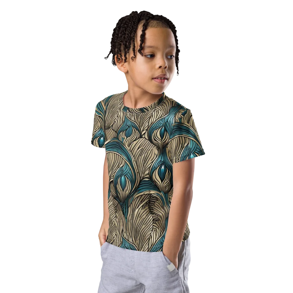 Turquoise Filigree on Kids Crew Neck T-Shirt — Left Front