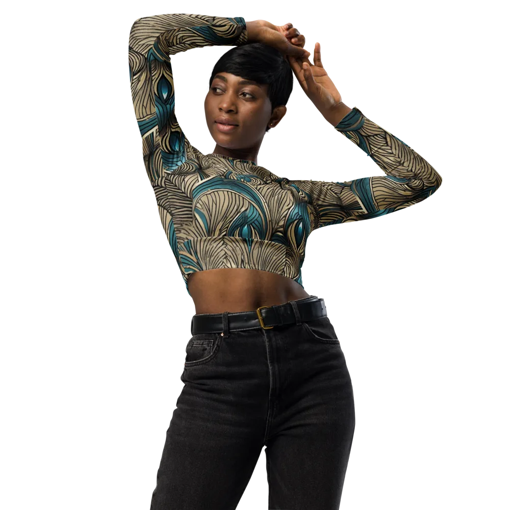 Turquoise Filigree on Long Sleeve Crop Top — Front
