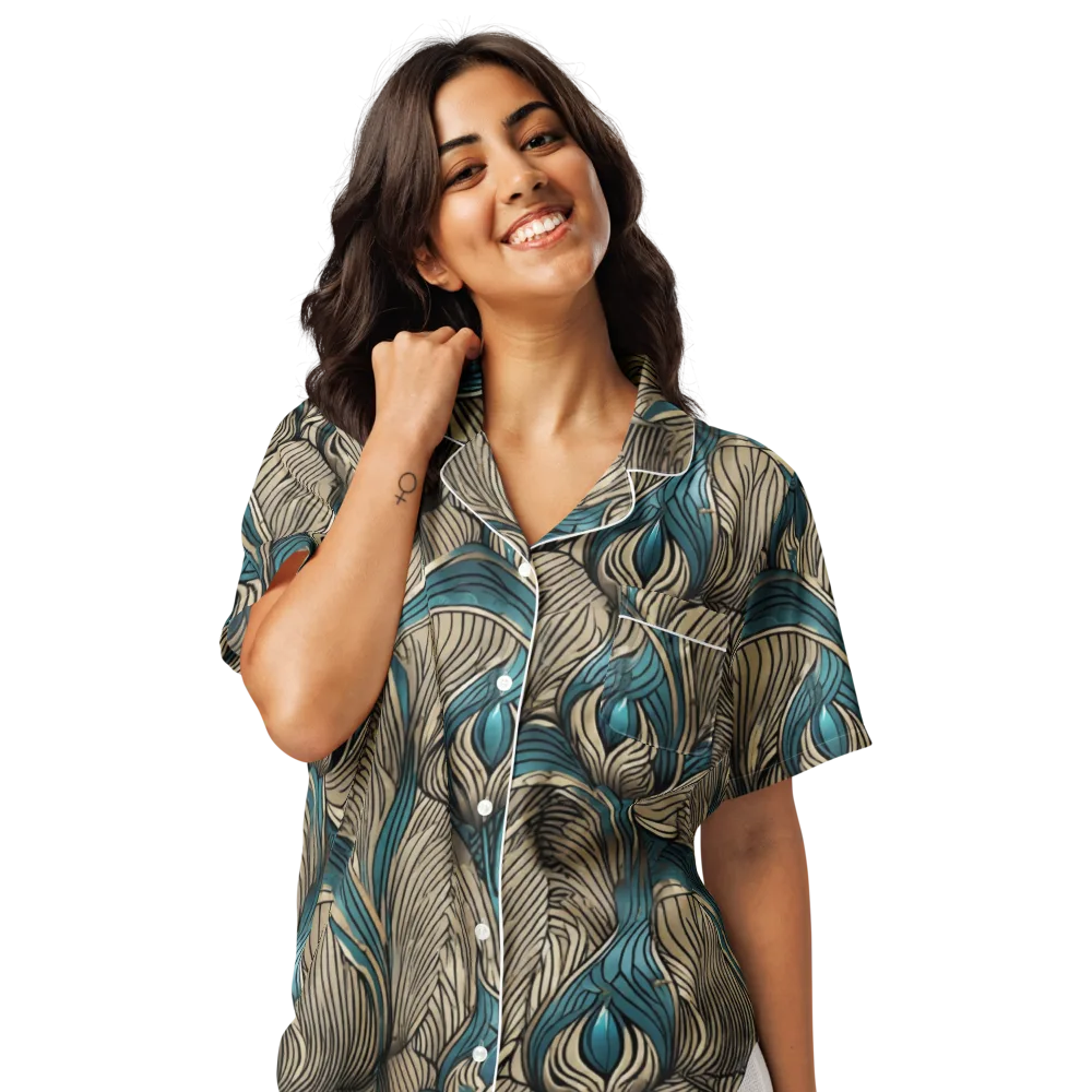 Turquoise Filigree on Women's Short Sleeve Pajama Top — Front