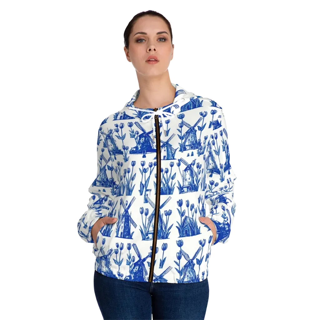 Bluebell Windmills on Women's Full-Zip Hoodie — Front On Person